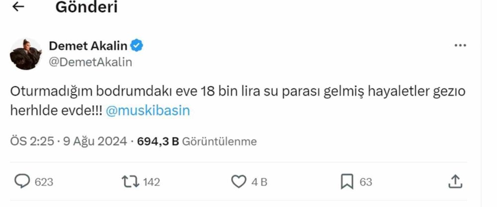 18 bin lira su faturası gelen şarkıcı Akalın’a MUSKİ’den fatura cevabı