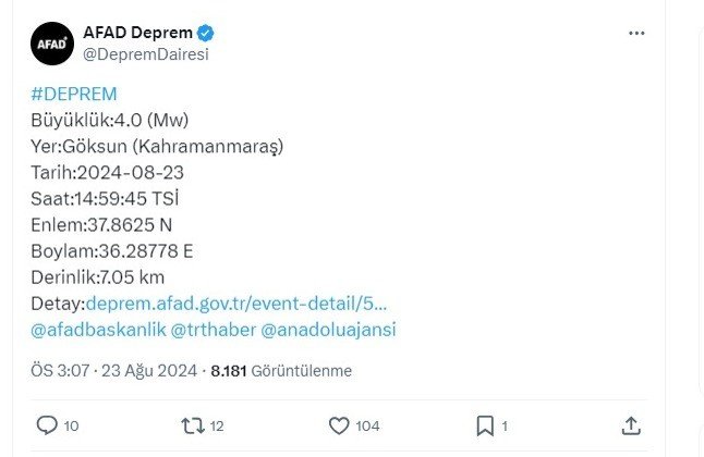 Kahramanmaraş’ta 4 şiddetinde deprem